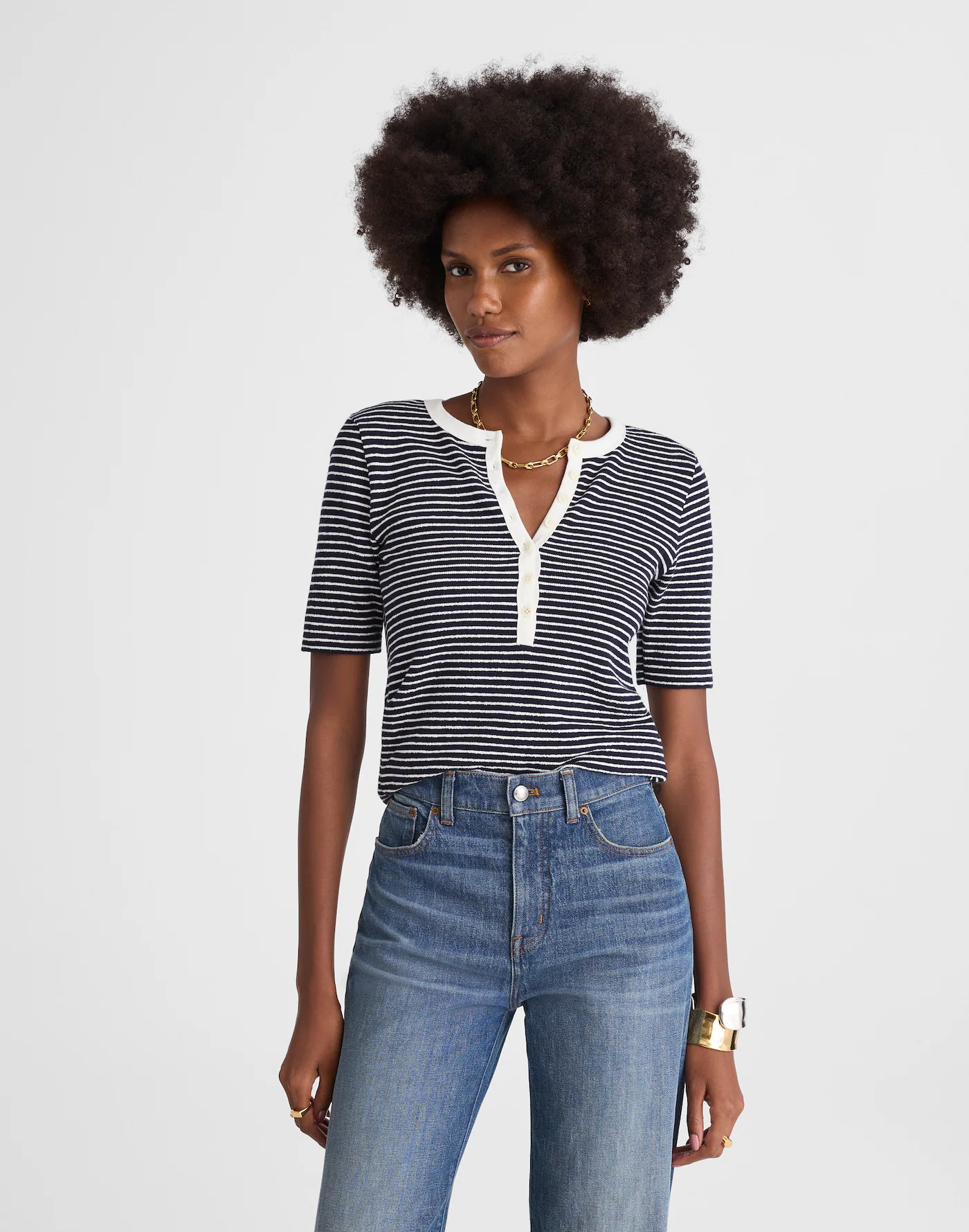 Striped Elbow-Sleeve Henley Tee | Madewell | Madewell