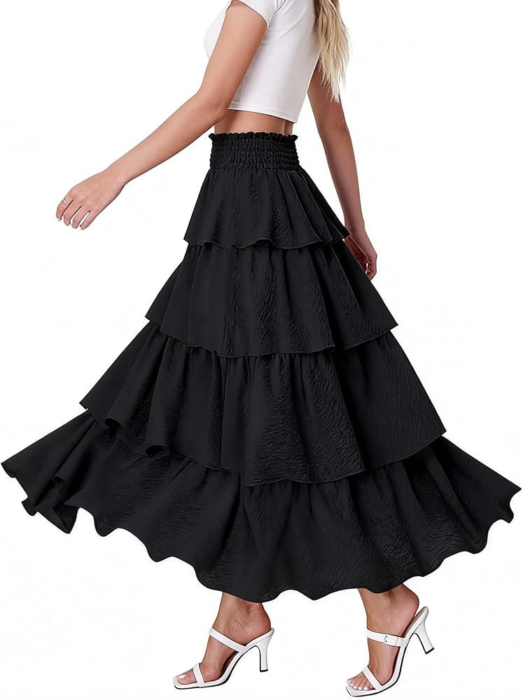 Casly Lamiit Womens Maxi Skirt Flowy High Waisted Tiered Layered Long Skirt for Party Wedding | Amazon (US)
