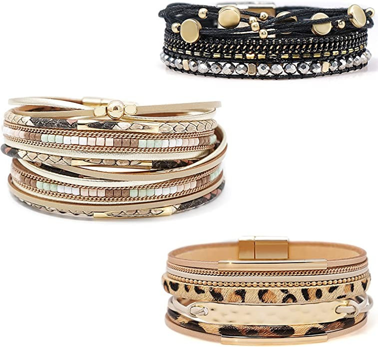 Amazon.com: Wowanoo brace Wowanoo 3Pack Leather Cuff Bracelet Set Multilayer Wrap Bracelet Crysta... | Amazon (US)