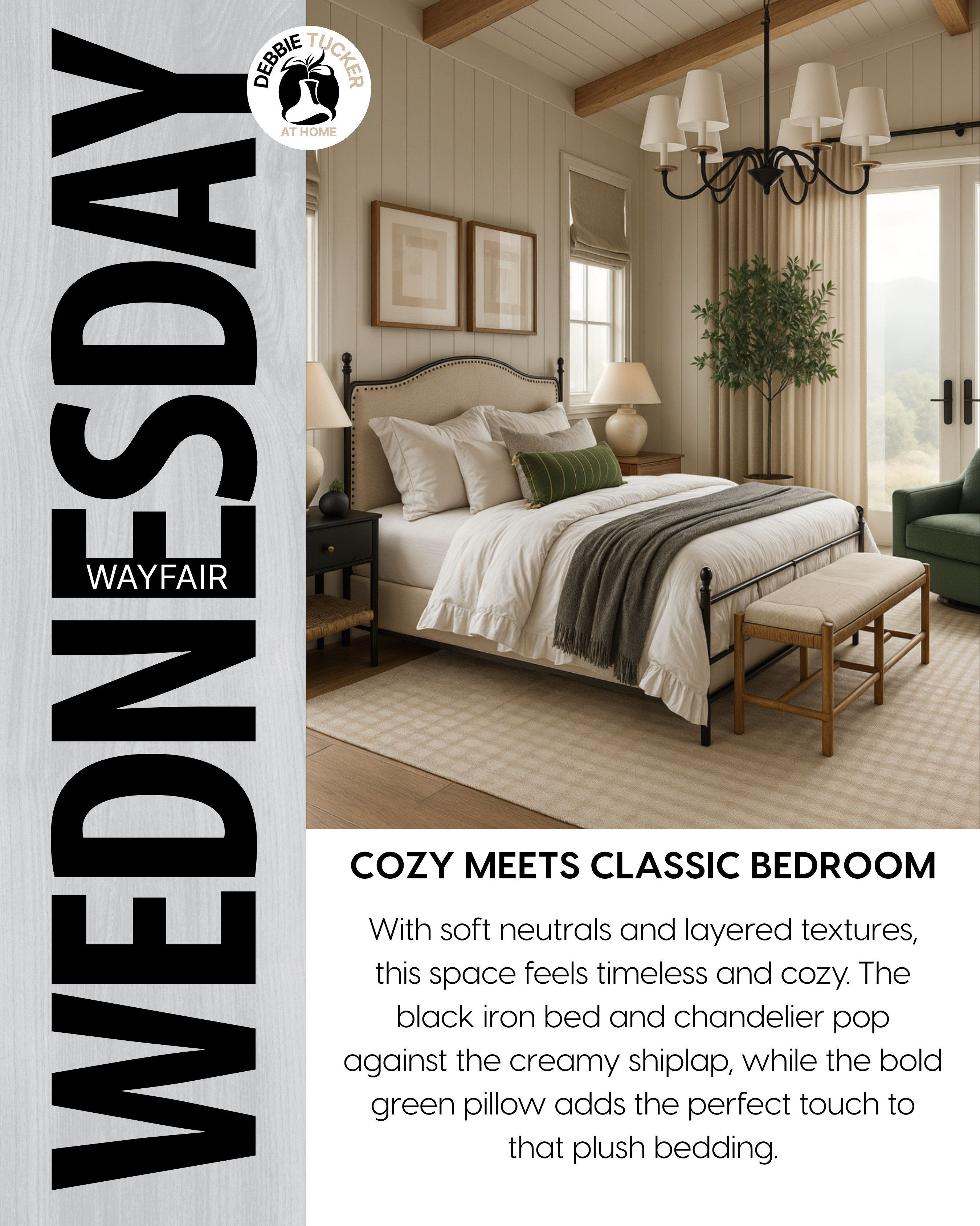 A serene classic bedroom featuring soft neutral tones, a black iron bed, creamy shiplap walls, layered textures, and cozy accents. Highlights include a statement chandelier, Roman shades, and a bold green accent pillow—perfect for a timeless, relaxing retreat. 

 #LTKHome #LTKStyleTip