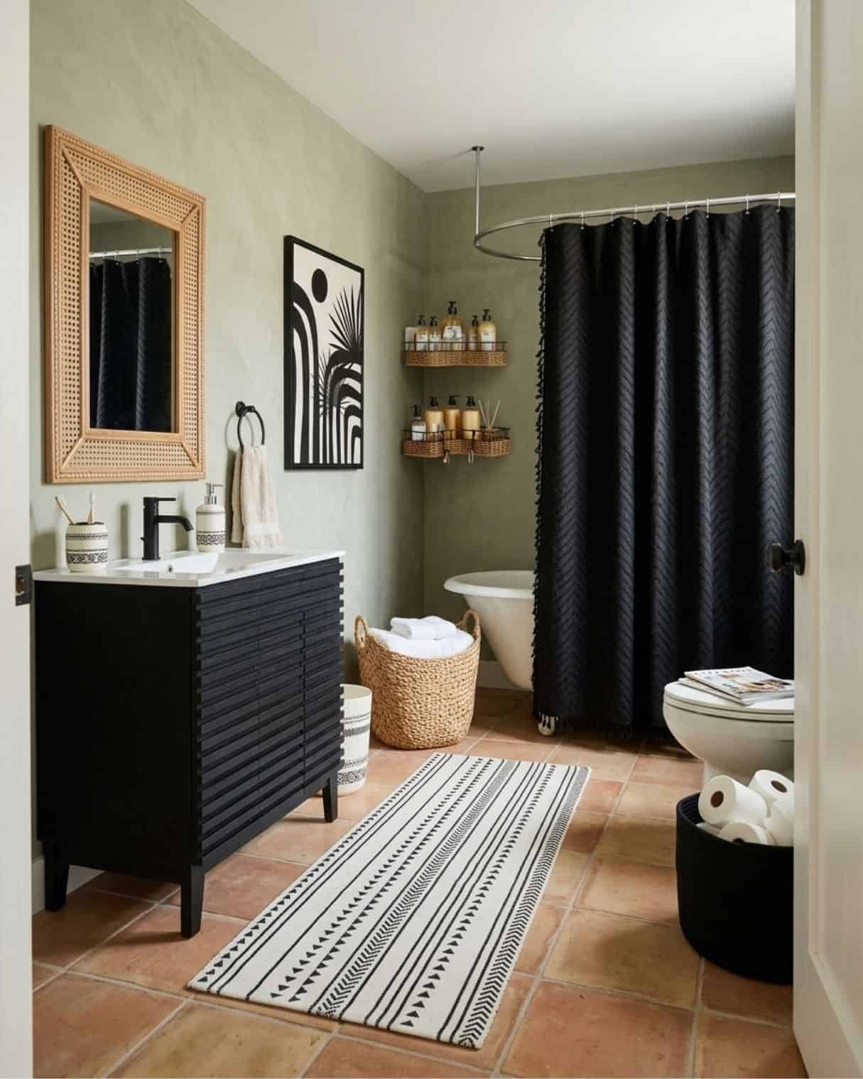 Bold Boho Chic Bathroom Design With Black Vanity and Rattan Accents

#bathroomdecor #bohobathroom #bathroomdesign #blackbathroom #bathroomideas

The mood board features furniture & decor from Walmart. The mockup is an approximation of how this mood board design could look in a home.

#LTKHome