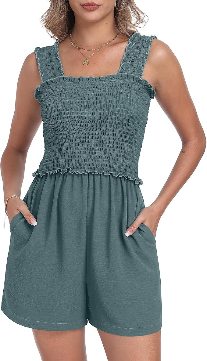 QIXING Women's Summer Casual Rompers Dressy Smocked Loose Comfy Short Jumpsuits Vacation Outfits ... | Amazon (US)
