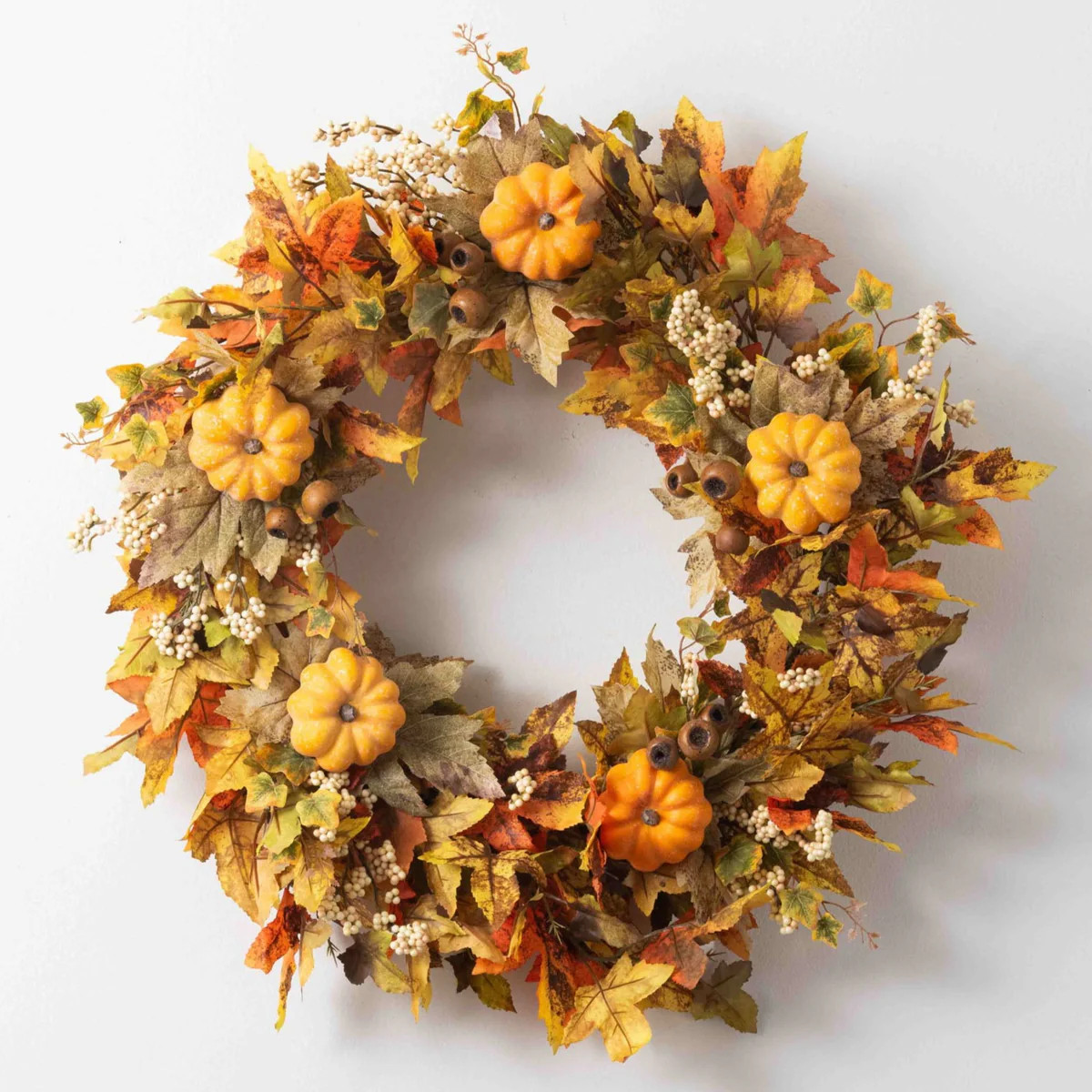 Autumn Green & Yellow Maple Leaf, Orange Pumpkin & Cream Berry Front Door Fall Wreath | Darby Creek Trading
