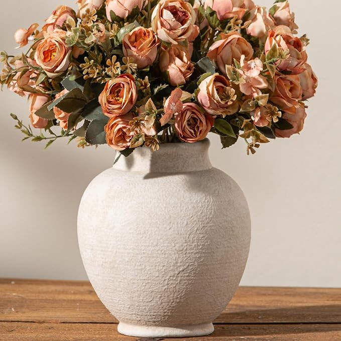 Ceramic Flower Vase, 6.7 Inch White Flower Vase Rustic Farmhouse Decorative Vase Floral Pottery V... | Amazon (US)