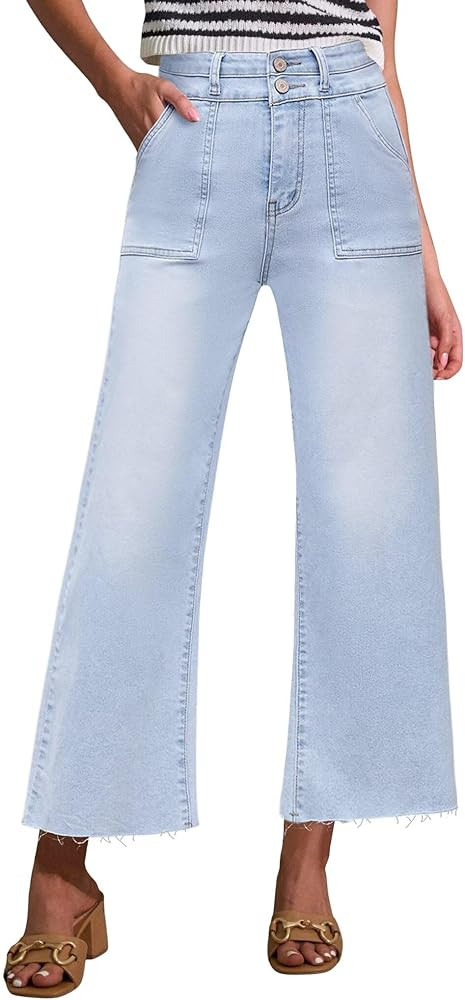 Allimy Womens High Rise Two Button Closure Cropped Jeans Wide Leg Front Slip Pockets Frayed Hem D... | Amazon (US)