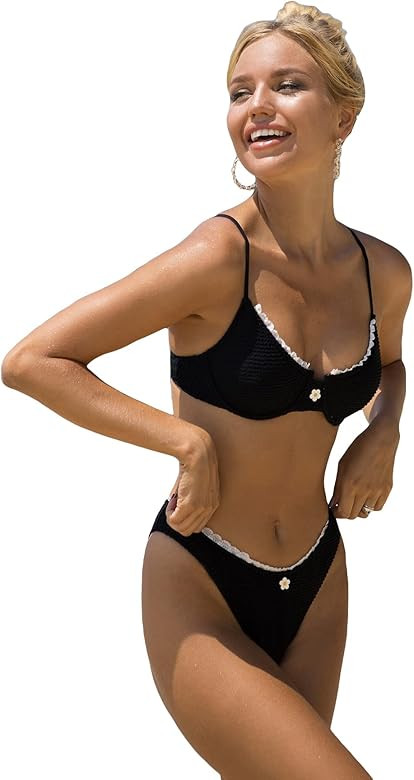 SOLY HUX Women's Underwire Bikini Sets High Cut Two Piece Swimsuit Lace Trim Bathing Suit Sexy Sw... | Amazon (US)