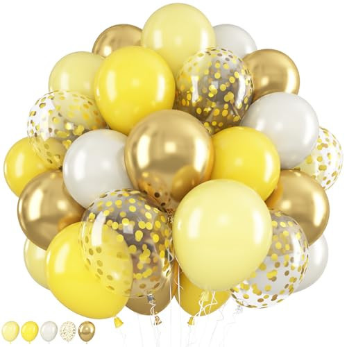 60PCS Yellow Balloons, 12Inch Yellow and White Party Balloons, Pastel Macaron Yellow White Gold Confetti Helium Latex Balloon Set for Baby Shower Sunflower Honeybee Birthday Theme Party Decorations | Amazon (US)