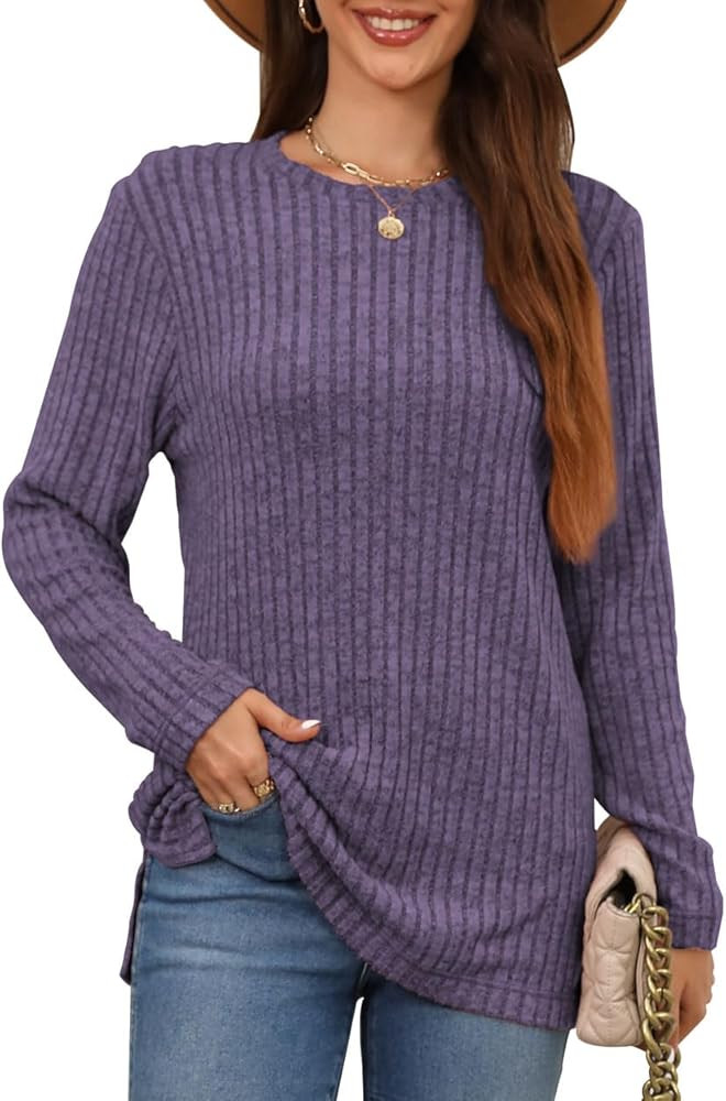 Women's Tunic Sweaters Lightweight Fall Casual Long Sleeve Shirts Crewneck Pullover Tops Side Spl... | Amazon (US)