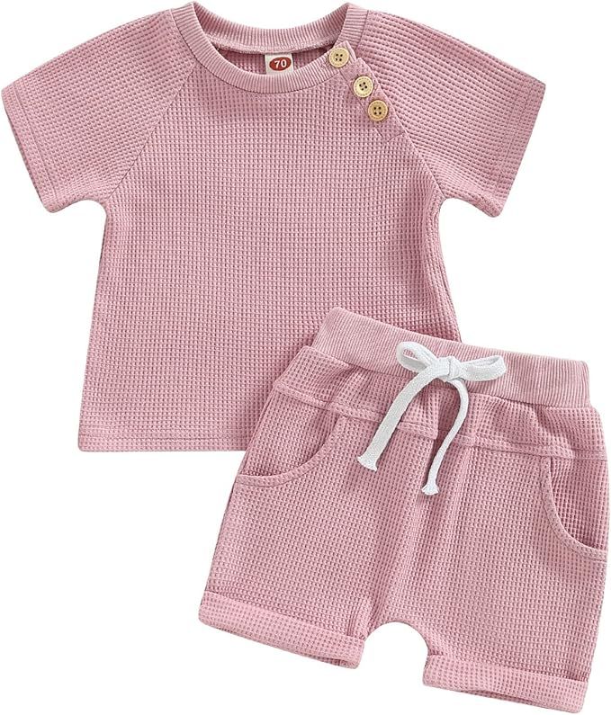 Mandizy Toddler Baby Boy Girl Clothes Summer Waffle Knit Short Sleeve Buttons T-Shirt Shorts Set ... | Amazon (US)