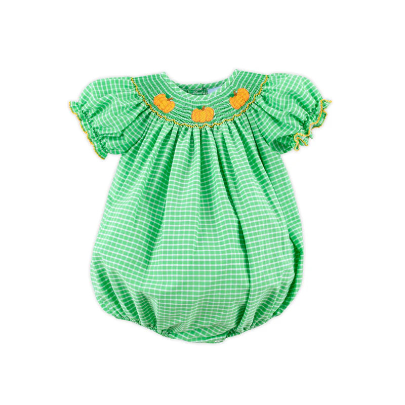 Paradise Pumpkin Smocked Green Windowpane Bubble | Classic Whimsy
