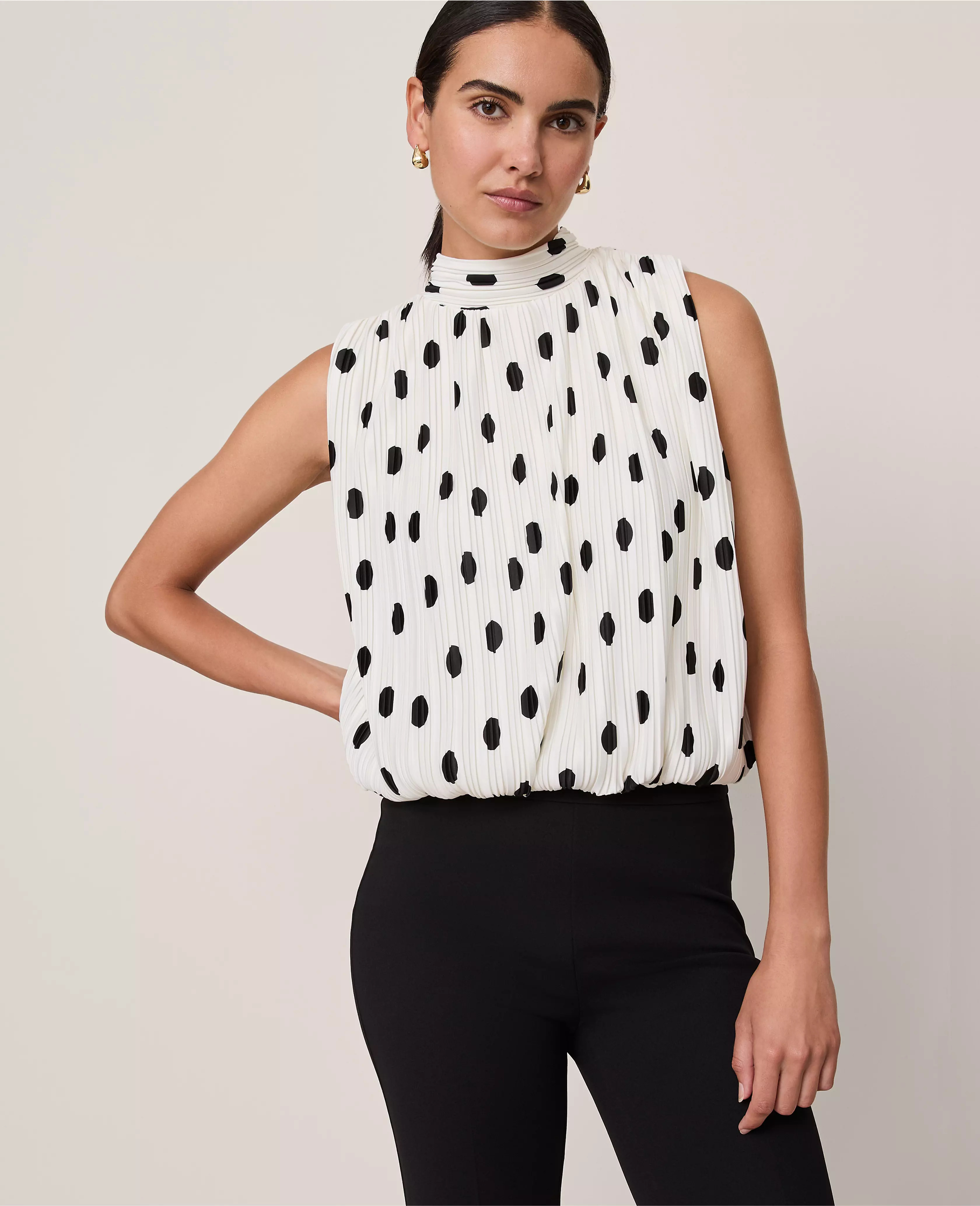 Dotted Mock Neck Bubble Hem Top | Ann Taylor
