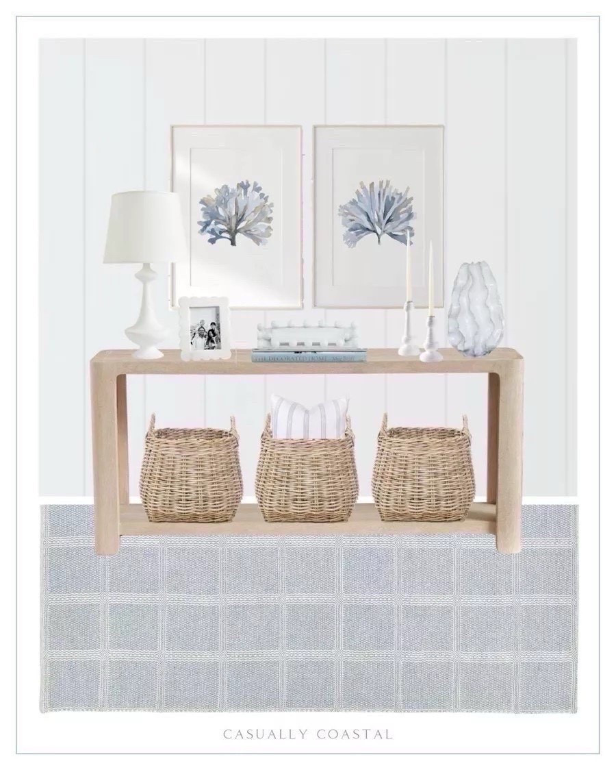 Entryway inspiration for your coastal home! Rug currently on sale! 
----- 
Coastal home decor, coastal home inspiration, entry way inspo, neutral home decor, coastal style, coastal entryway, beach house decor, beach home style, coastal rug, coastal console table, light wood console table, entryway table, coastal sideboard, coastal artwork, coastal wall art, coastal interiors, coastal lamp, white lamps, console table decor, blue and white rug, blue runner, Serena & Lily rug, entryway rug, Pottery Barn console table, light wood console table, beach house decor, beach house furniture, coastal basket, white table lamp, console table styling, ceramic ruffle vase, blue seaweed art, coral artwork, coastal wall decor, Nantucket stripe pillow cover, Etsy pillows, coastal pillows, Mud Pie nested everything tray, entryway decor, coastal tray, rattan taper holder, kittery rug, coastal blue rug, scalloped marble frame, white frame, amazon picture frames, Surf Shack book, Amazon coffee table books, candle holders, neutral home decor

#LTKHome #LTKSaleAlert