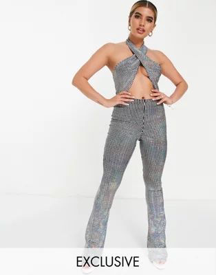 ASYOU holograhic sequin cross front jumpsuit in silver | ASOS (Global)