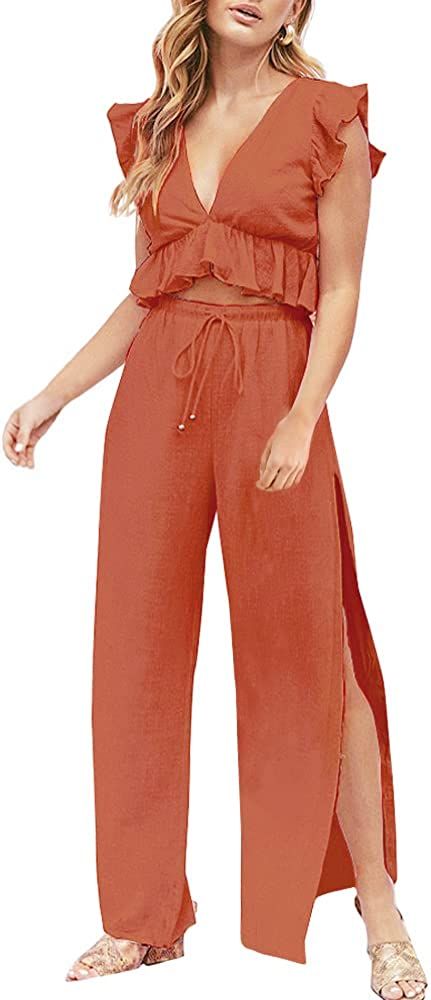 FANCYINN Womens 2 Pieces Outfits Deep V Neck Crop Top Side Slit Drawstring Wide Leg Pants Set Jum... | Amazon (US)