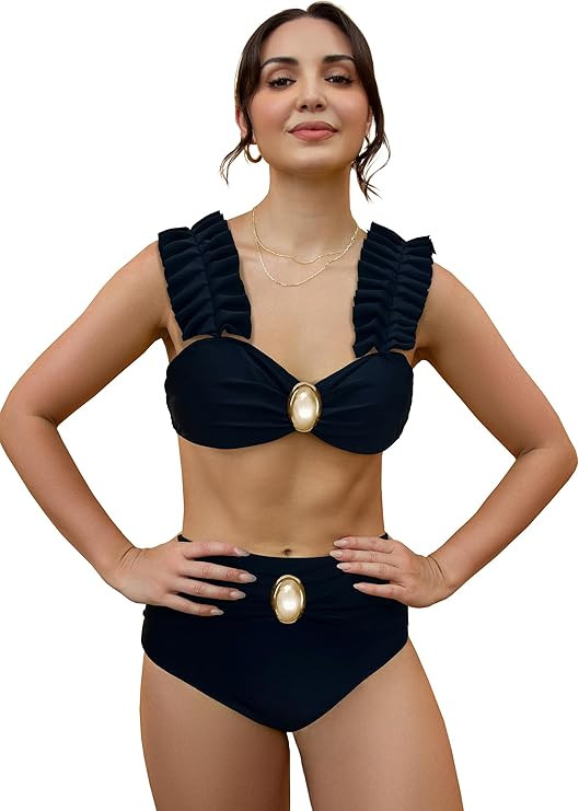 SPORLIKE Women Ruffle High Waisted Swimsuit Adjustable Straps Bikini Padded Bathing Suit | Amazon (US)