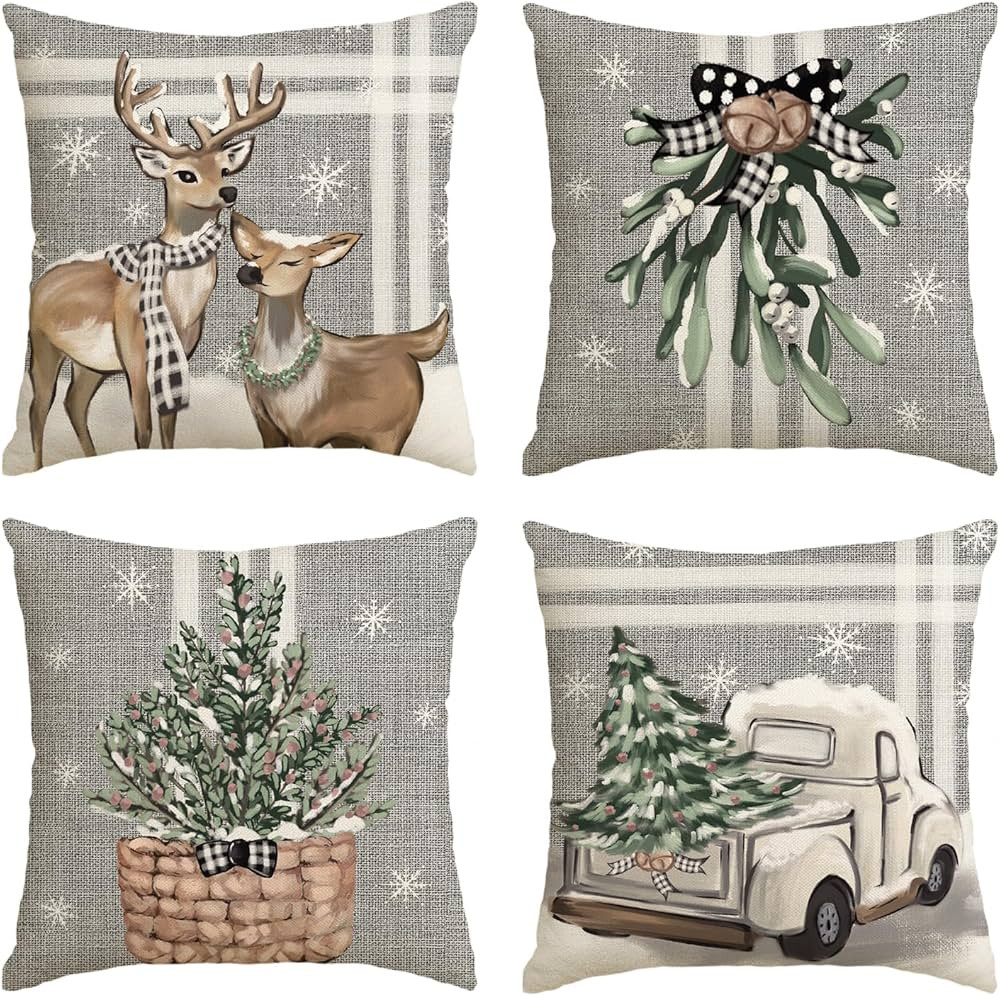 AVOIN colorlife Christmas Tree Reindeer Truck Stripes Gray Throw Pillow Covers, 18 x 18 Inch Wint... | Amazon (US)