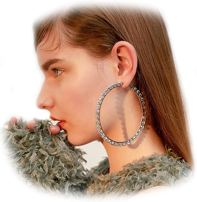 Xerling Large Rhinestones Circle Hoop Earrings Big Crystal Hoop Earrings Full Clear Rhinestones B... | Amazon (US)