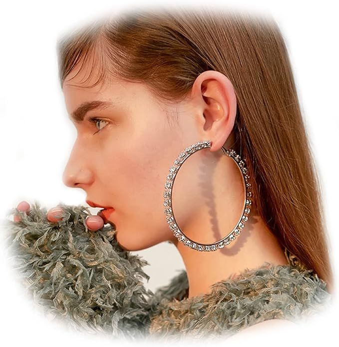 Xerling Large Rhinestones Circle Hoop Earrings Big Crystal Hoop Earrings Full Clear Rhinestones B... | Amazon (US)