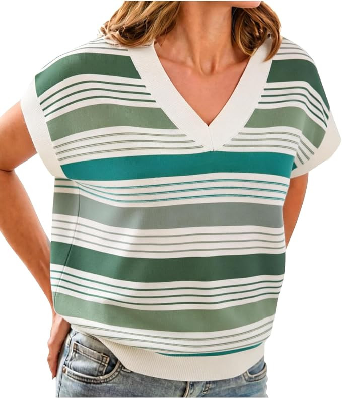 IEEILULU Womens Cap Sleeve Sweater Vest Striped Color Block V Neck Sleeveless Tank Top Loose Summ... | Amazon (US)