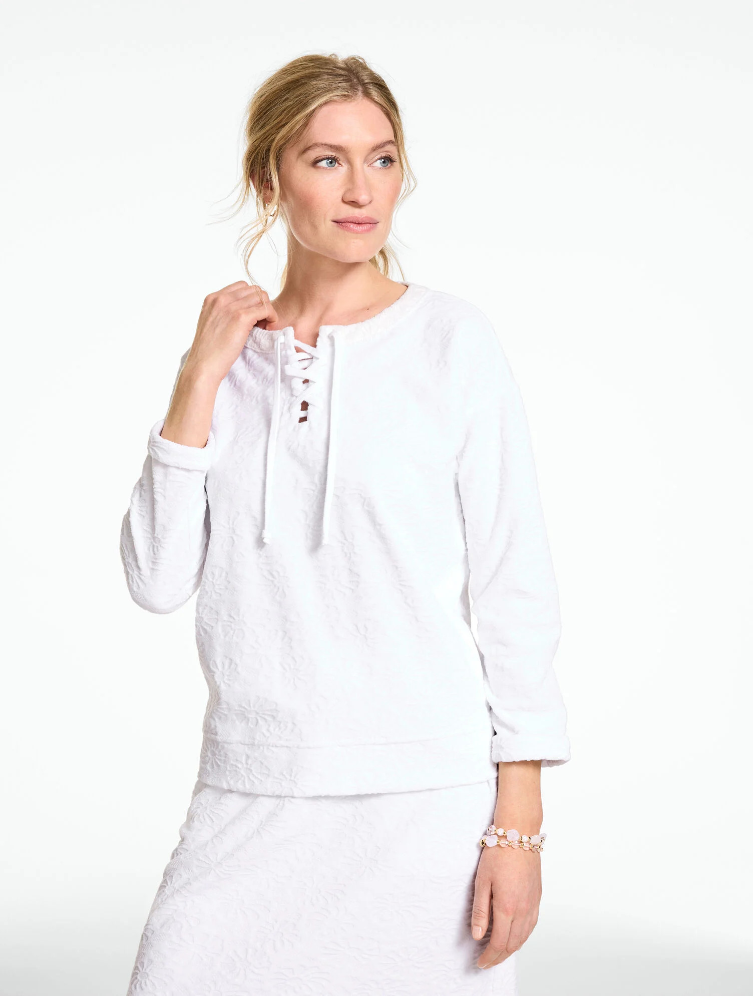 Floral Jacquard Terry Lace-Up Pullover | Talbots