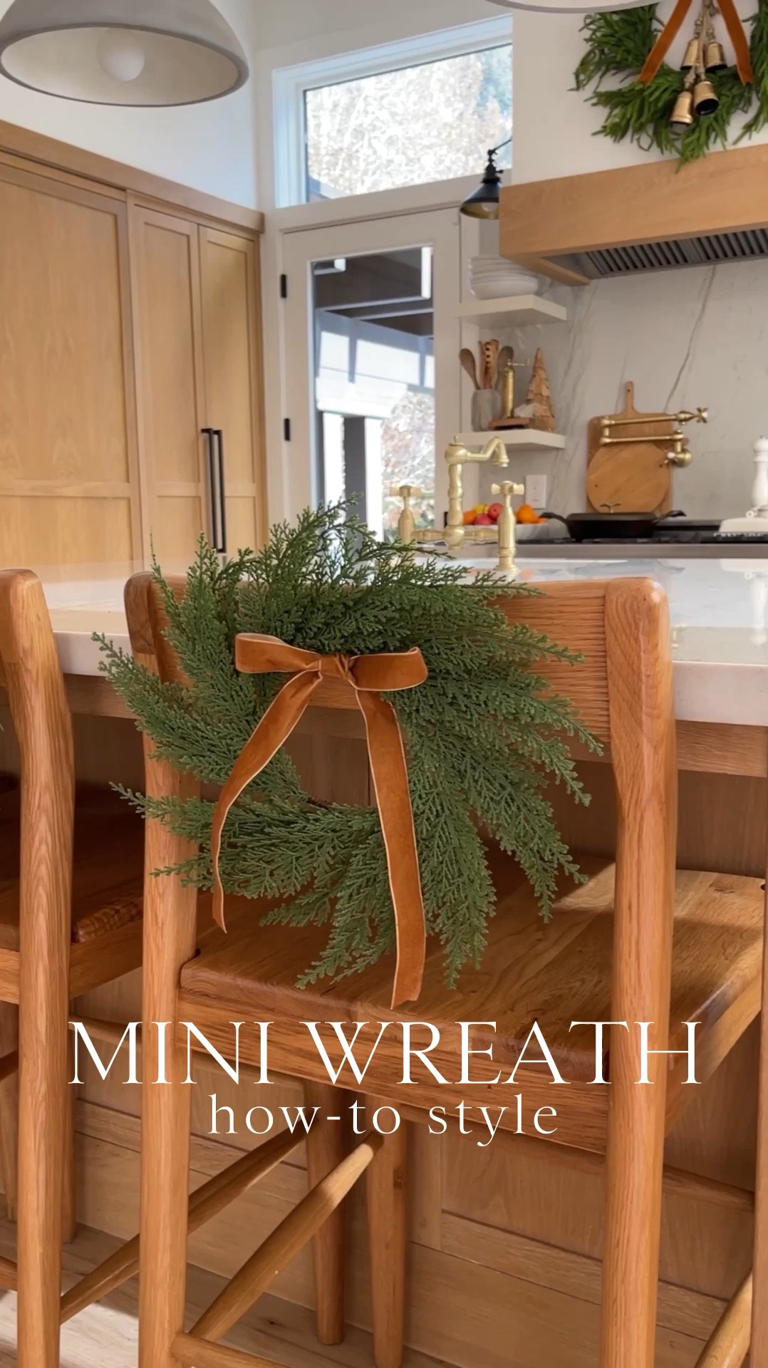 HOLIDAY \ chair styling with faux mini wreaths and velvet bows - both Amazon finds!✨ Here I’m showing you how I decorate using them on my kitchen barstools. I simply tie a bow using velvet ribbon and secure them to the chair using a small command sticky and hook. LOVE the festive touch in this space!🌲 And no, the kiddos have not destroyed them… yet😝

#LTKHome #LTKHoliday #LTKVideo
