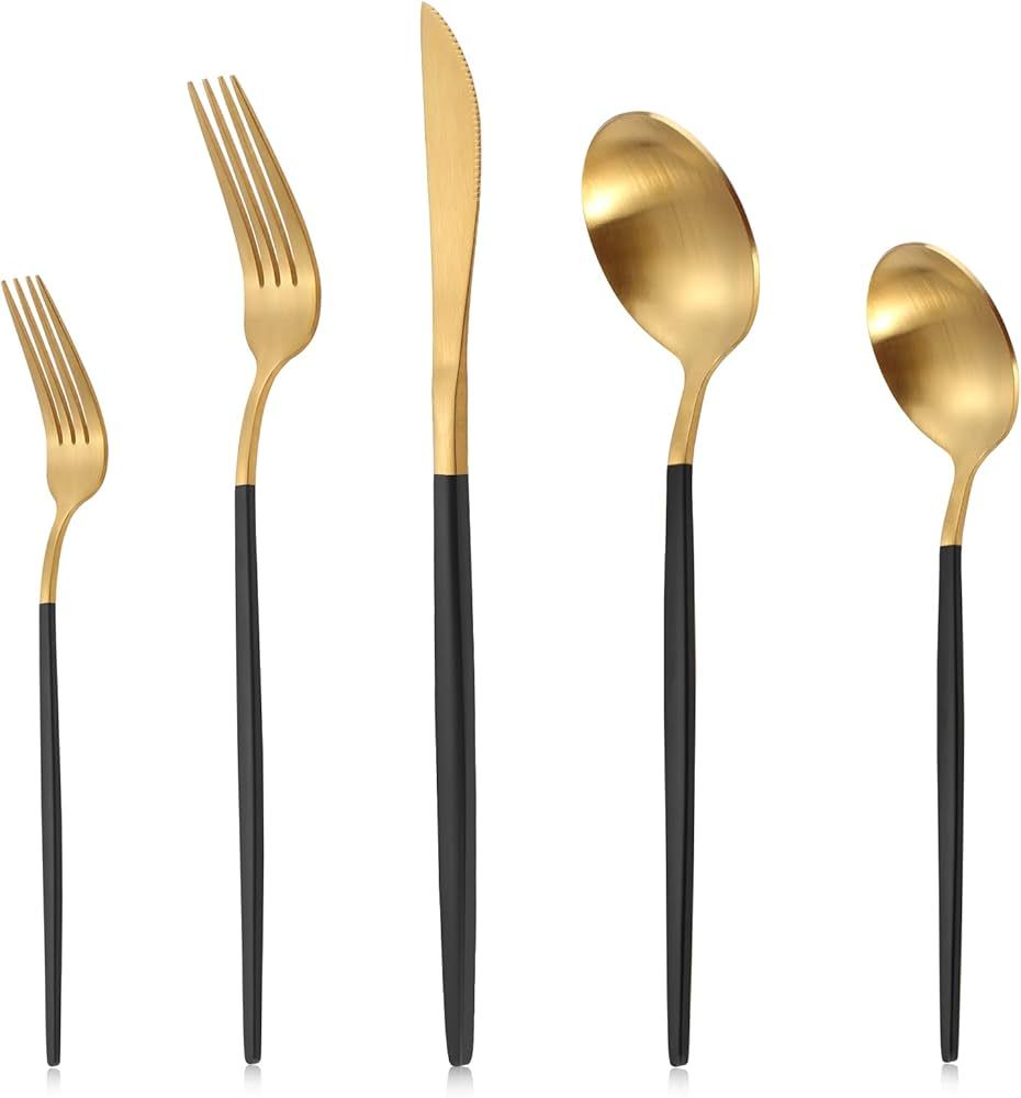 Matte Gold Silverware Set With Black Handle, LAZAHOME Stainless Steel Flatware Cutlery Set Servic... | Amazon (US)