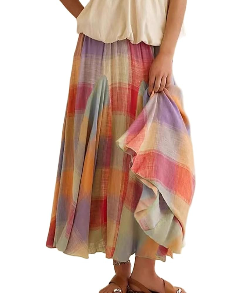 CHARTOU Women Multicolour Plaid Ruffle Elastic Waist Flowy Long Skirt Summer Ruche Color Block Gi... | Amazon (US)