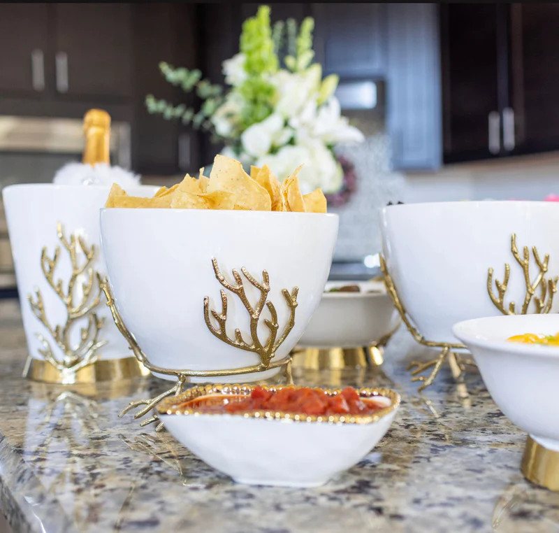 White Ceramic Bowl with Gold Textured Details (2 Sizes) " From Pops Of Color Home Collection" | Inspire Me! Home Decor