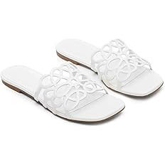 Coutgo Womens Flat Sandals Comfortable Square Open Toe Slides Slip On Summer Dressy Beach Shoes | Amazon (US)