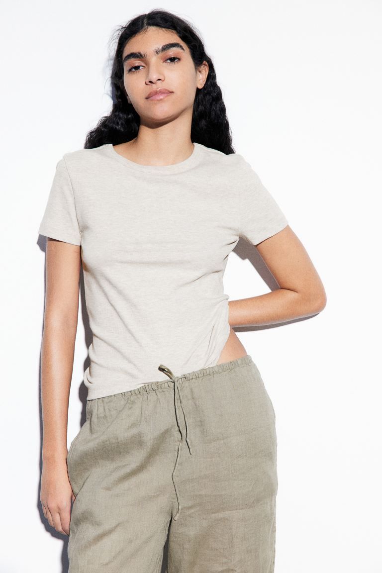 Ribbed Modal-blend T-shirt - Light beige melange - Ladies | H&M US | H&M (US + CA)