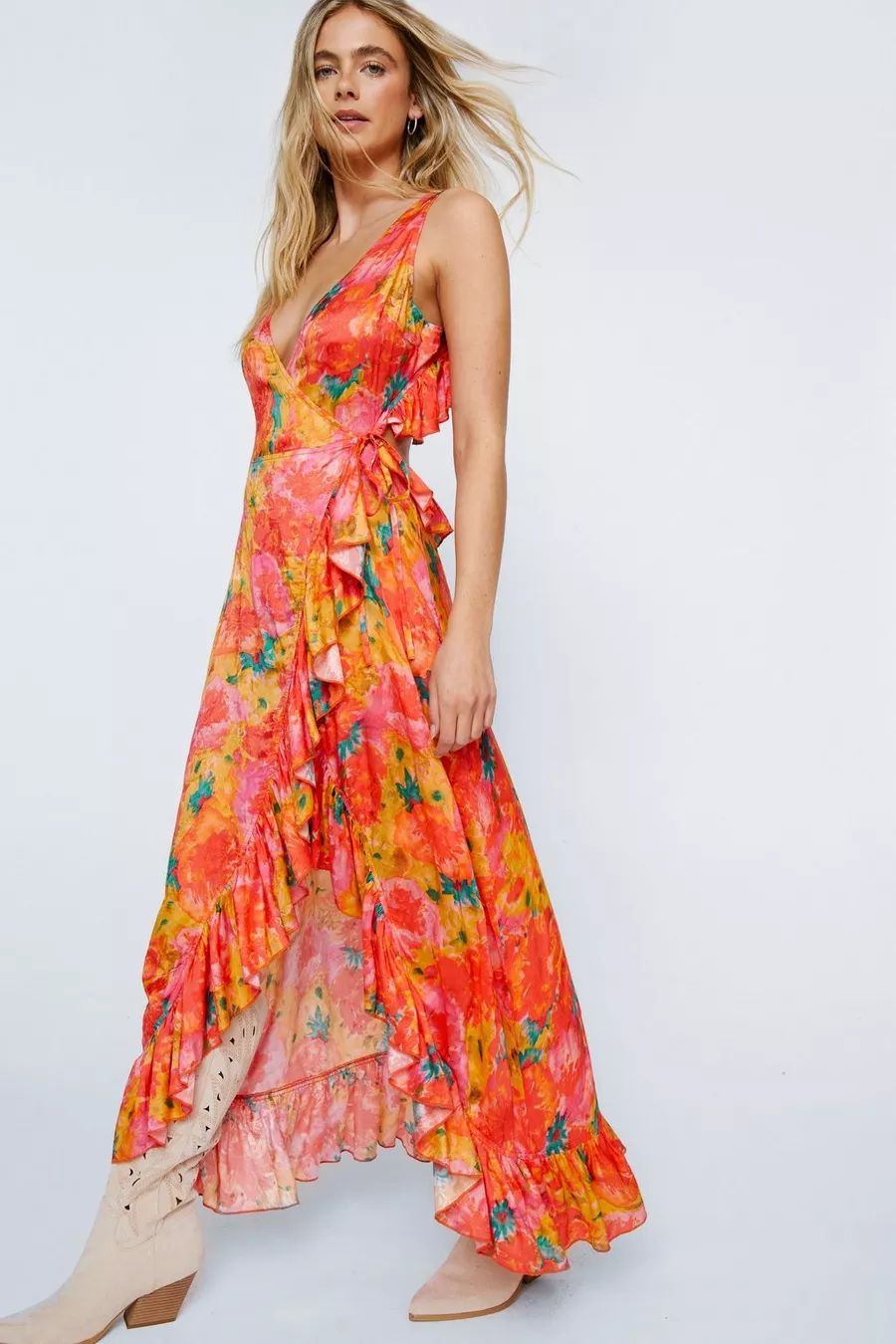 Floral Jacquard Wrap Plunge Maxi Dress | Nasty Gal (US)