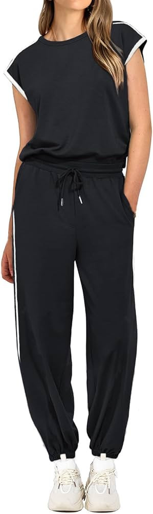 Womens 2 Piece Outfits 2024 Summer Cap Sleeve Tops High Waist Pants Jogger Lounge Sets Color Bloc... | Amazon (US)