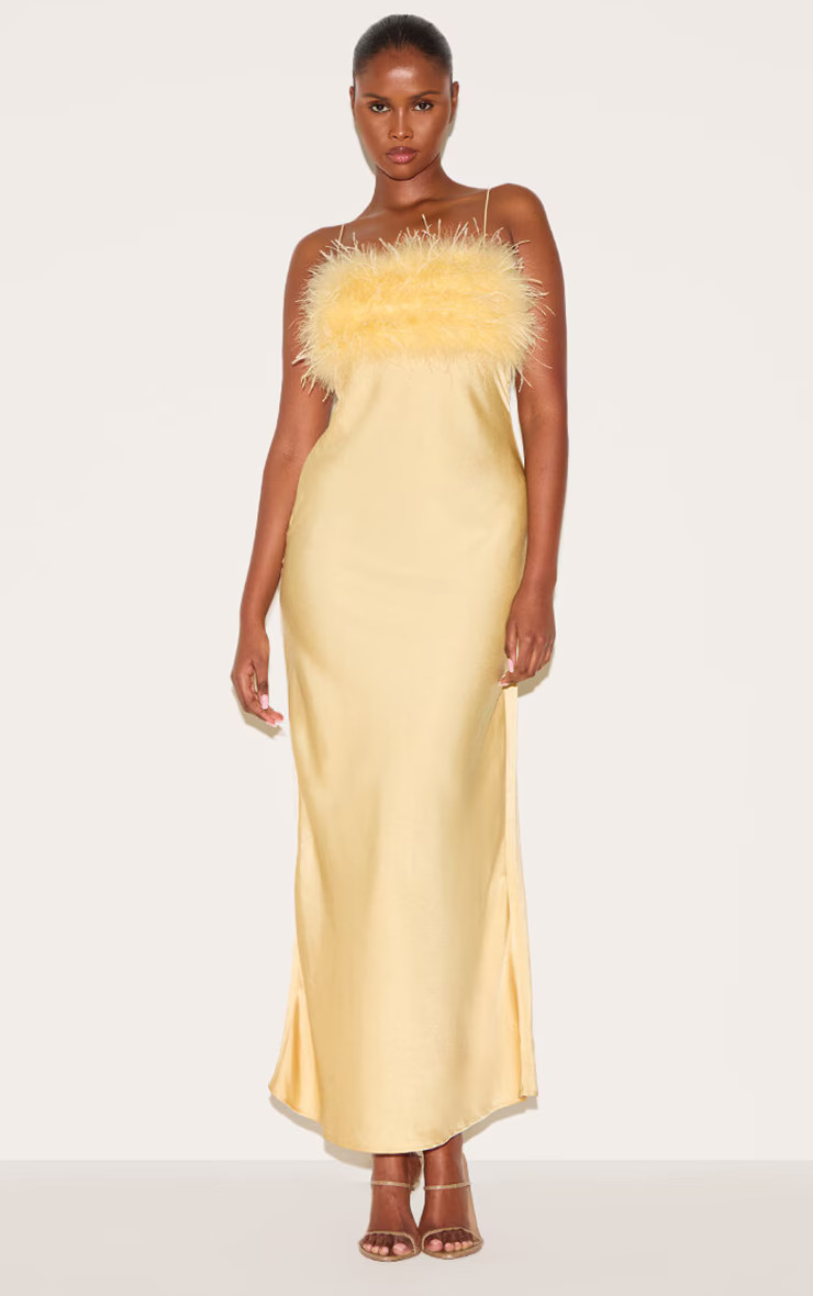 Lemon Satin Feather Bust Detail Strappy Maxi Dress | PrettyLittleThing US