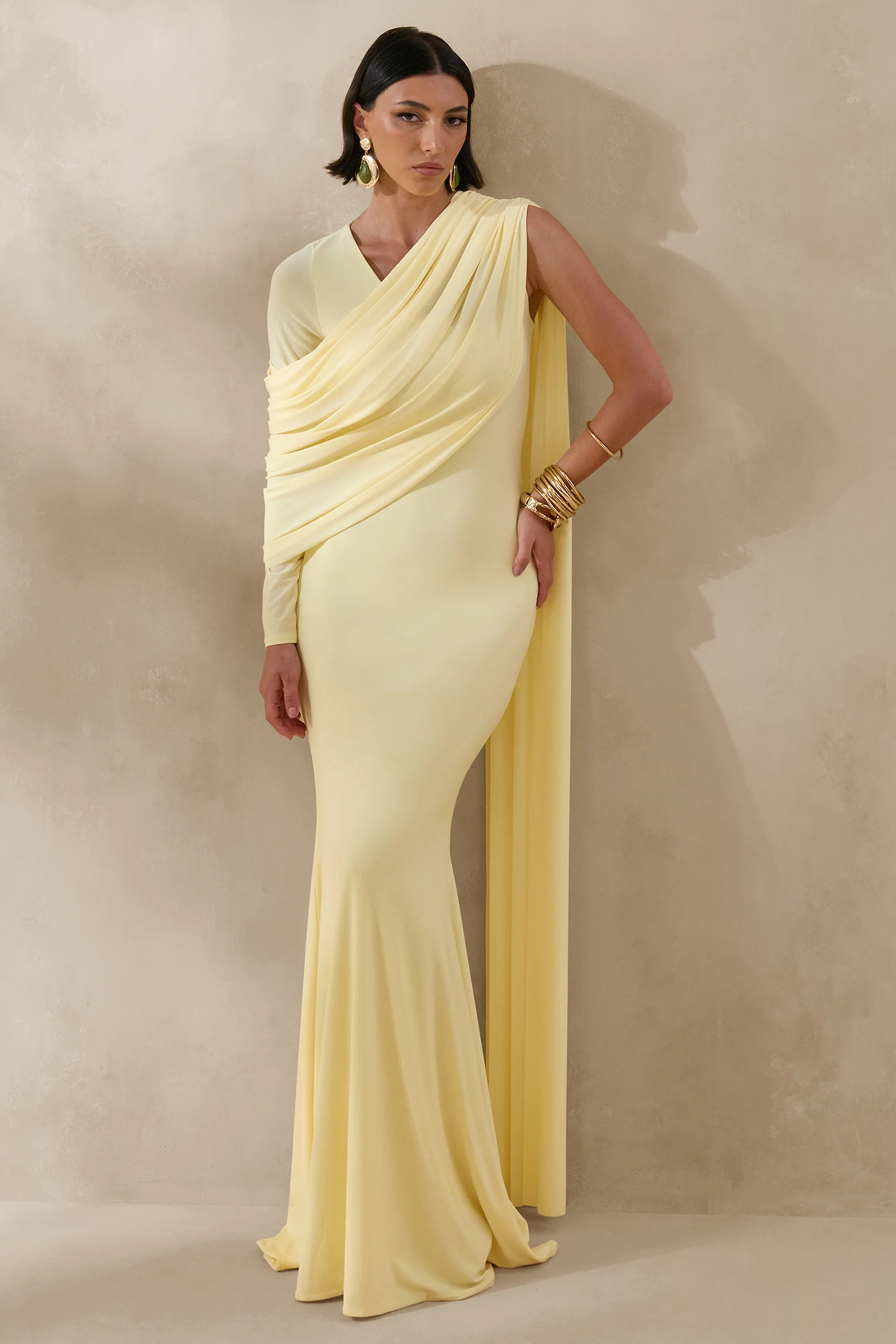 Rubelle | Lemon Asymmetric-Neck Maxi Dress With Draped-Detailing | Club L London