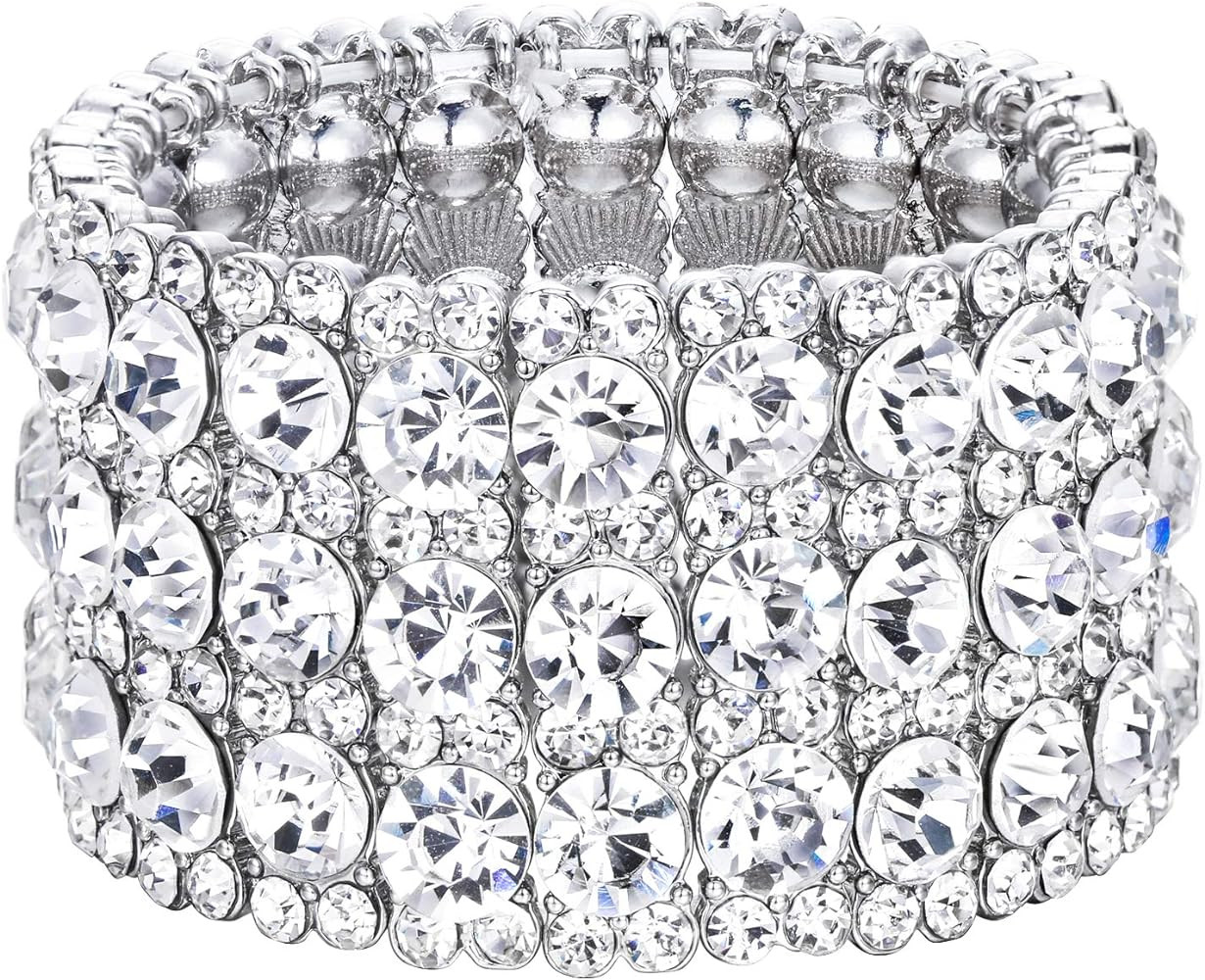 EVER FAITH Women's Round Shaped Austrian Crystal Wedding 3 Layers Luxury Elastic Stretch Bracelet | Amazon (US)