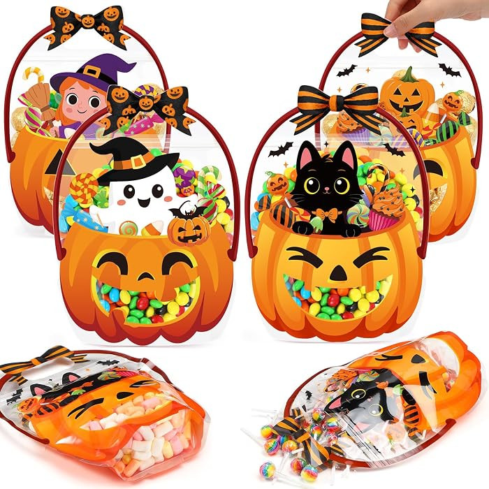 Fuutreo 24 Pcs Halloween Treat Bags with Handles, Clear Ghost Plastic Bags | Amazon (US)