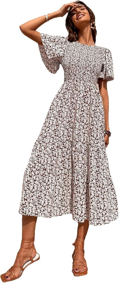 Floerns Women's Boho Ditsy Floral Short Sleeve A Line Flared Midi Dress | Amazon (US)