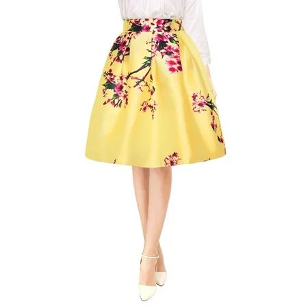 Women's Floral Prints High Waist Pleated A Line Midi Skirt Dress Dark Yellow M | Walmart (US)