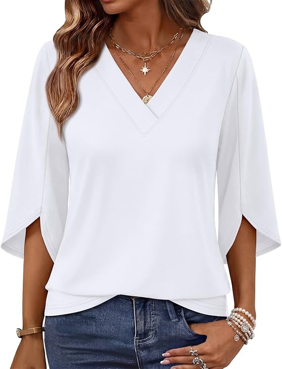 WIHOLL Womens Tops Summer Outfits 2026 V Neck Shirts Womens Blouses Dressy Casual Bell Sleeve Fas... | Amazon (US)