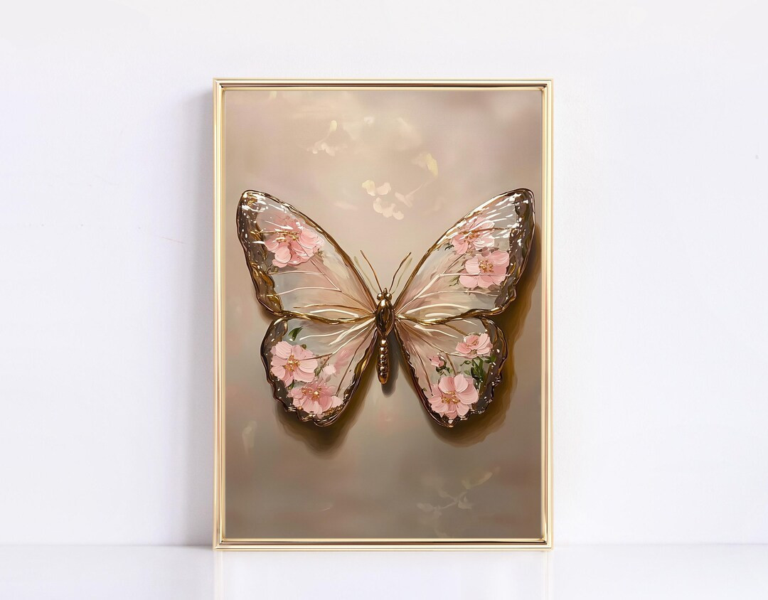 Glass Butterfly Vintage Floral Painting Digital Print Vintage Girly Valentines Print Floral Chino... | Etsy (US)