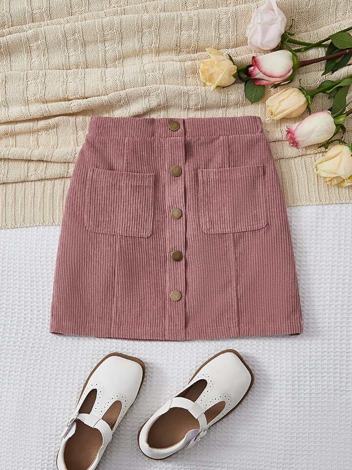 SHEIN Girls Button Front Dual Pocket Corduroy Skirt | SHEIN