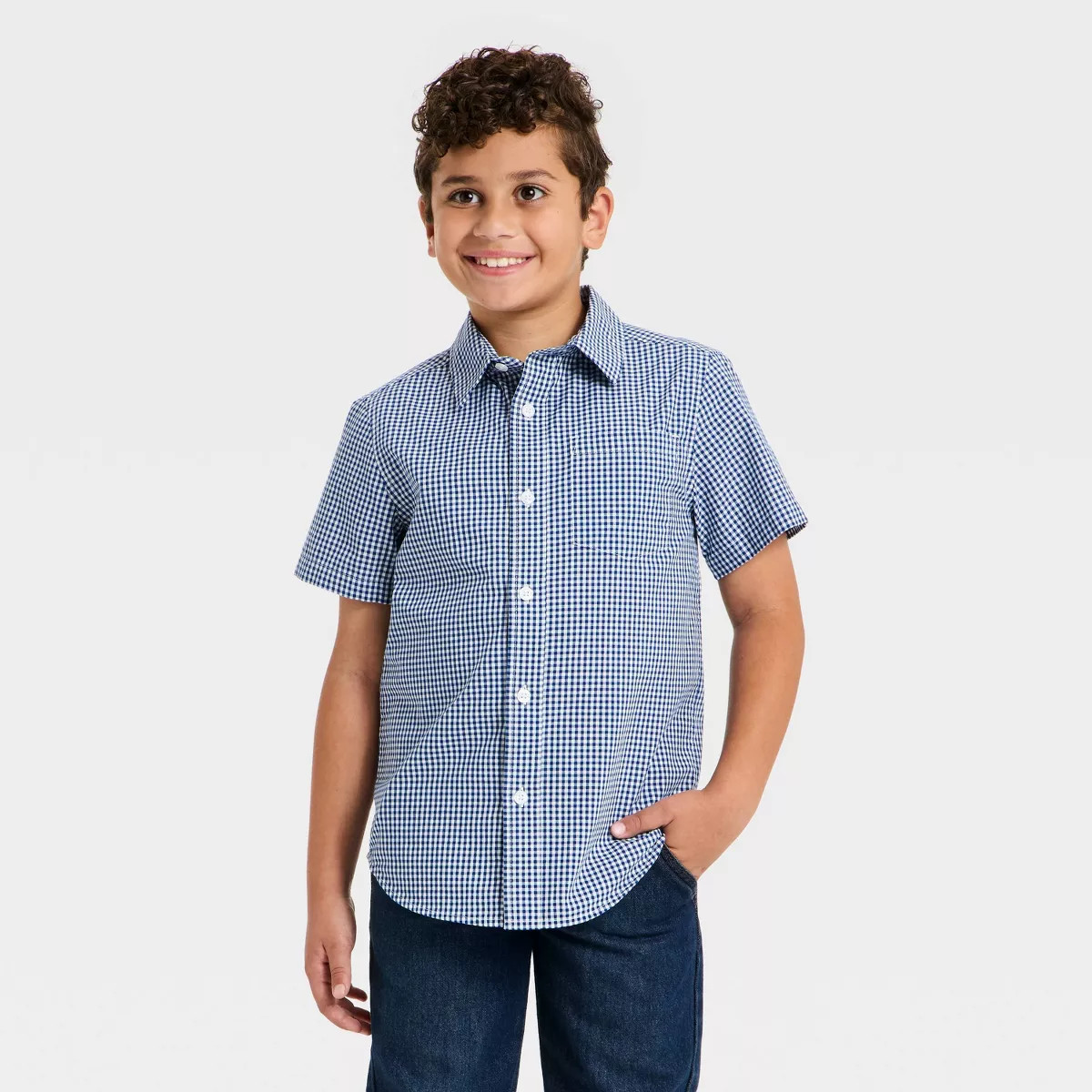 Boys' Short Sleeve Gingham Poplin Button-Down Shirt - Cat & Jack™ Navy Blue M | Target
