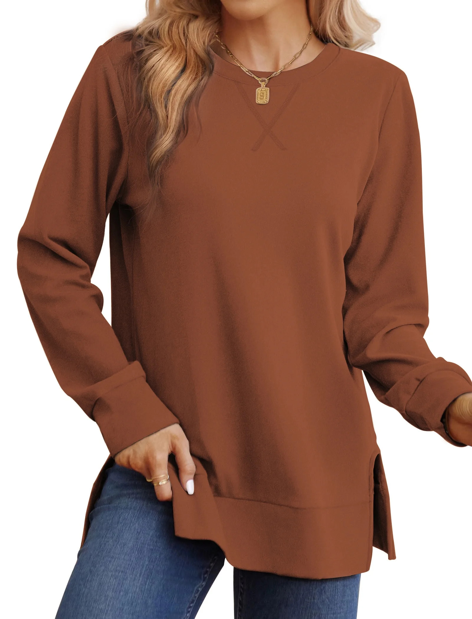 MOSHU Crewneck Sweatshirts for Women Side Split Long Sleeve Shirts Fashion Fall Womens Tops | Walmart (US)