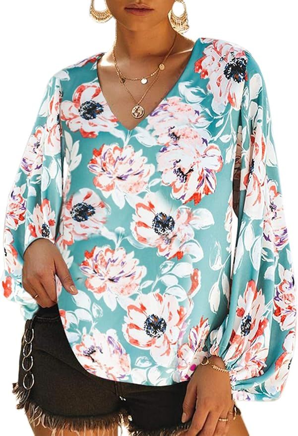 Dokotoo Womens Casual Printed Loose Shirt Balloon Sleeve V-Neck Blouse and Tops | Amazon (US)