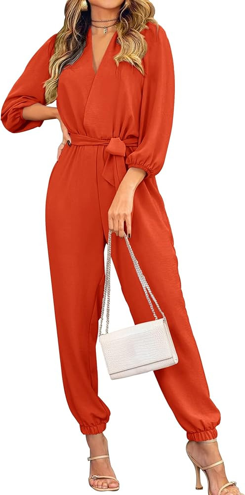PRETTYGARDEN Women's 2023 Fall Jumpsuits Casual Dressy One Piece Outfits V Neck Long Sleeve Belt ... | Amazon (US)