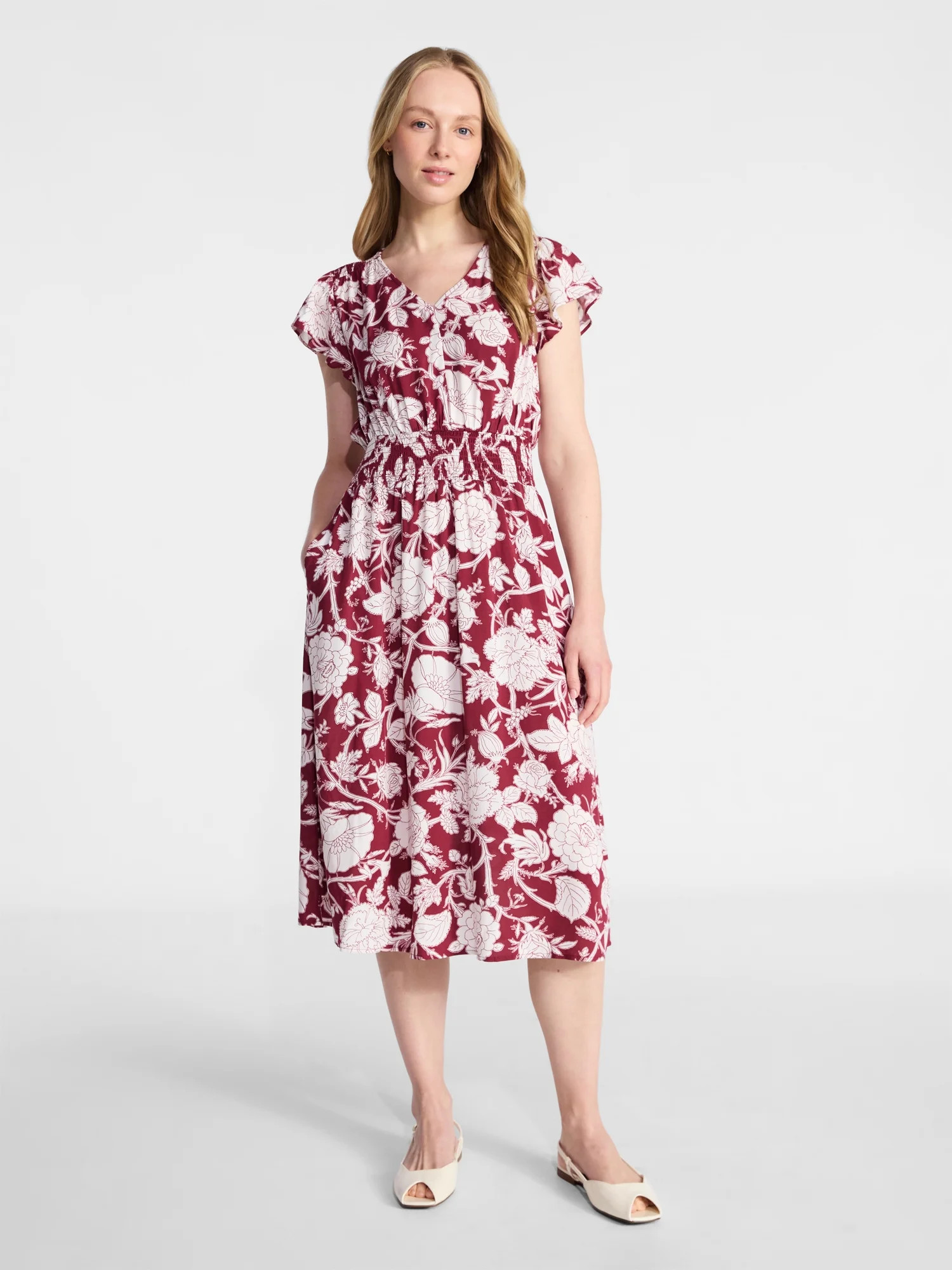 Time and Tru Women’s and Women’s Plus Smocked Waist Midi Dress with Flutter Sleeves, Sizes XS... | Walmart (US)
