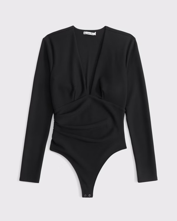 Women's Long-Sleeve Ruched Plunge Bodysuit | Women's Clearance | Abercrombie.com | Abercrombie & Fitch (US)