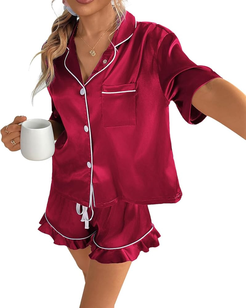 CHYRII Women's Silk Satin Pajamas Two Piece Pj Sets Short Sleeve Tops Ruffled Shorts Sleepwear wi... | Amazon (US)