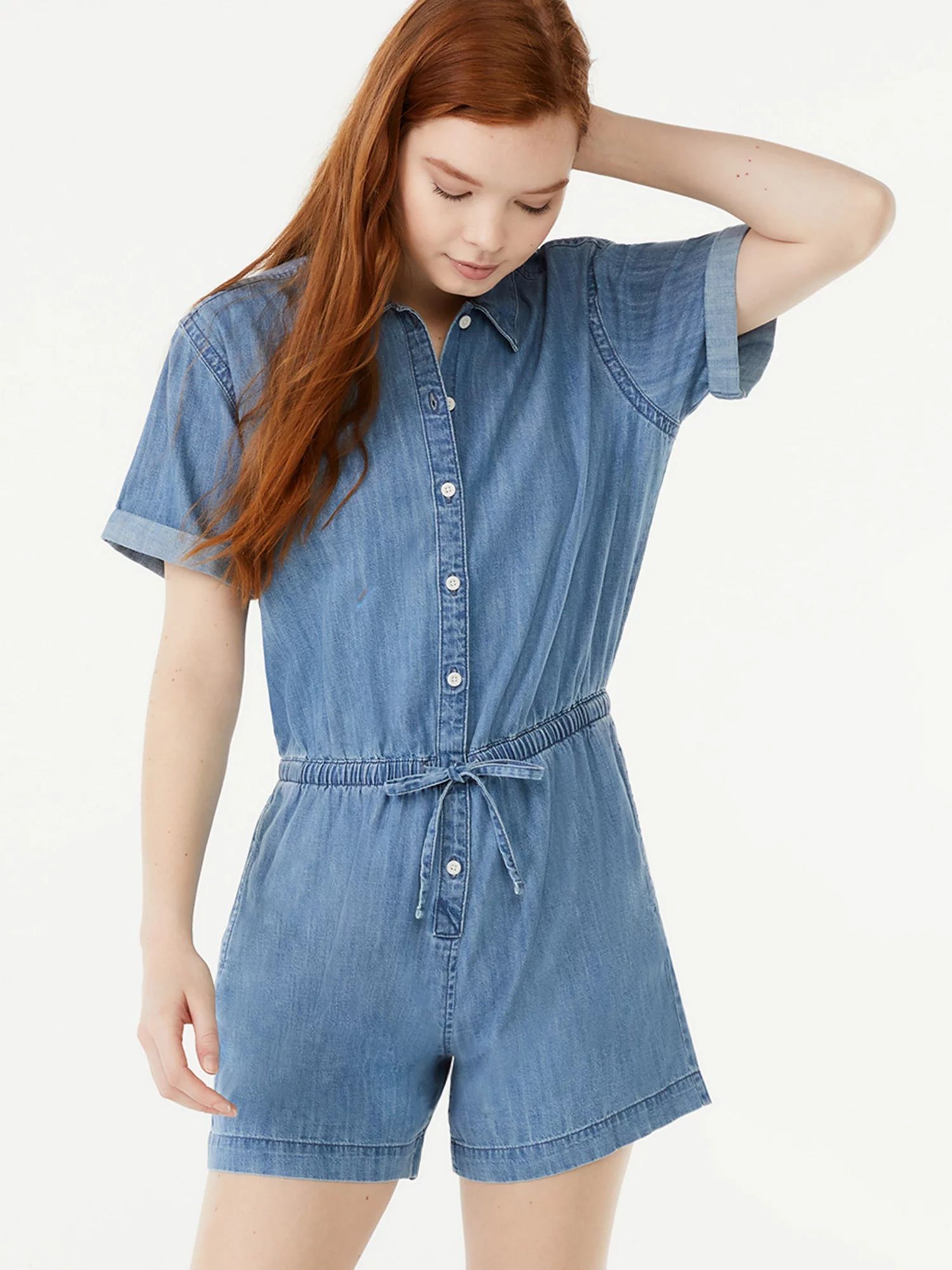 Free Assembly Women's Short Sleeve Drawstring Romper - Walmart.com | Walmart (US)