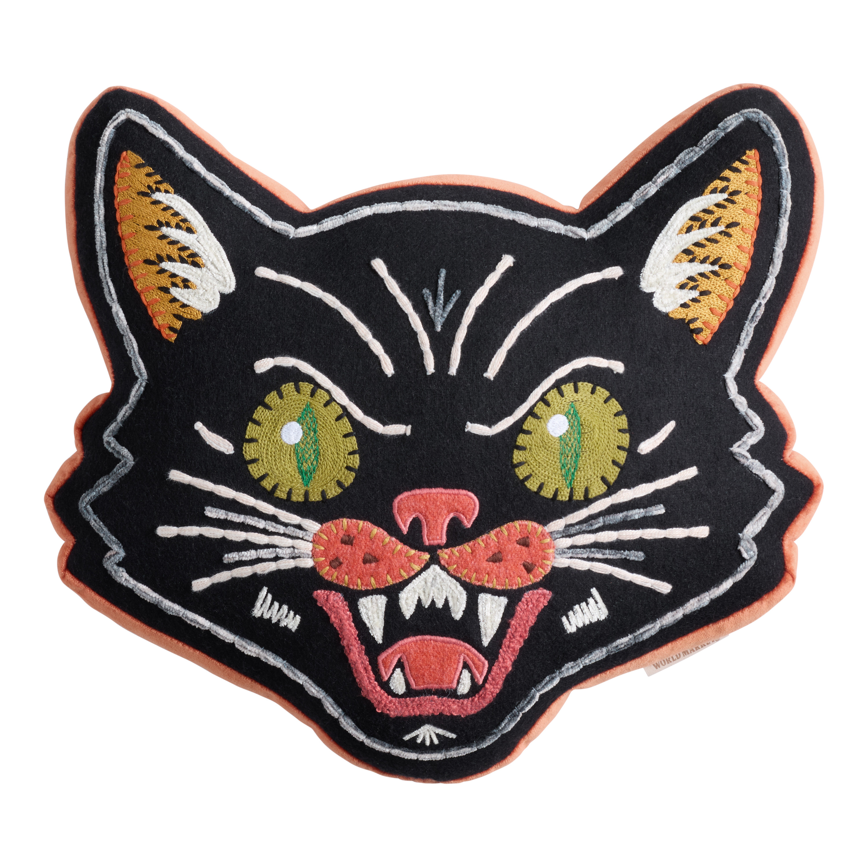 Black Hissing Cat Face Shaped Embroidered Throw Pillow | World Market